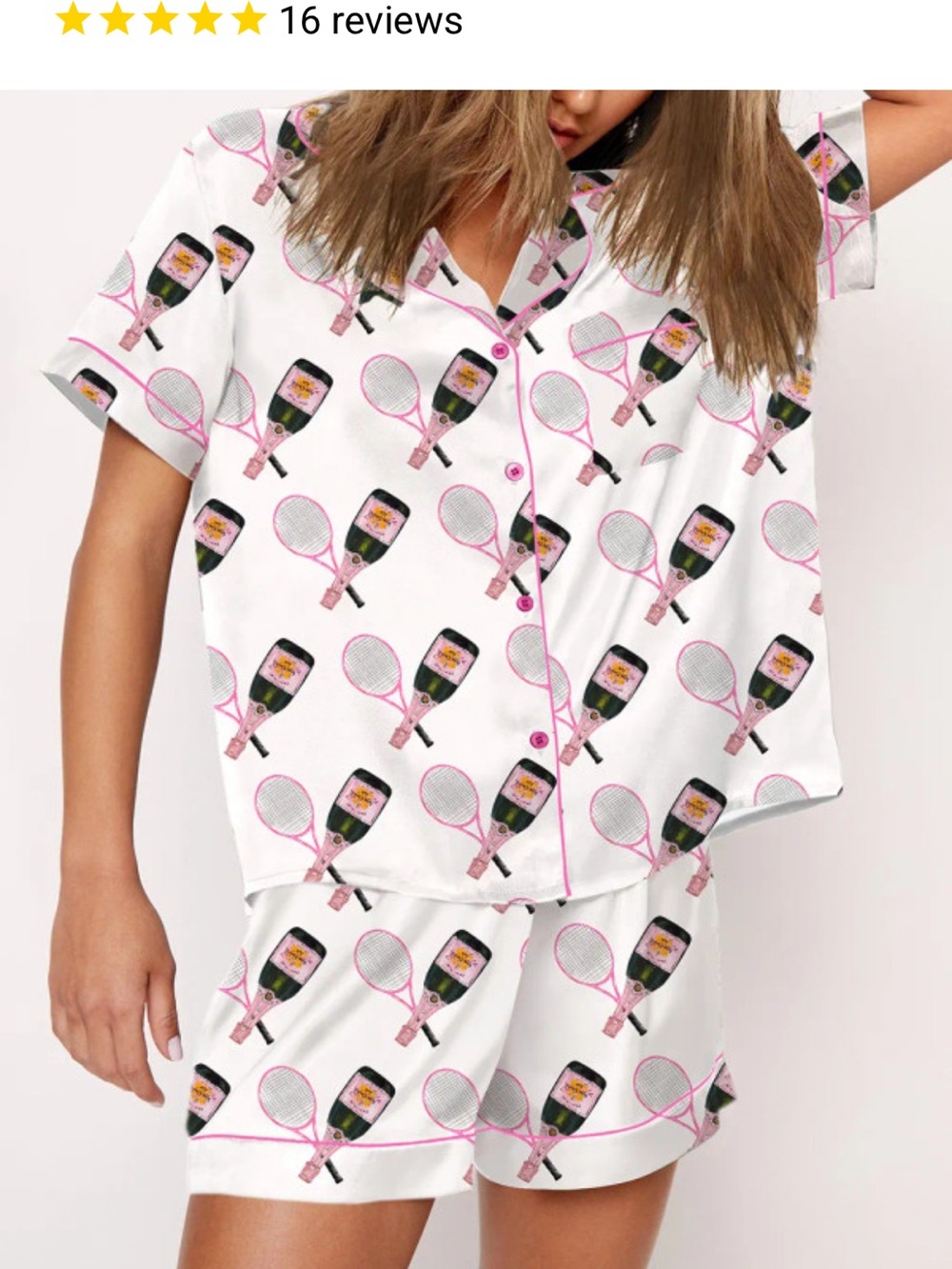 She Show White & Pink Tennis Racket Print Pajama Set